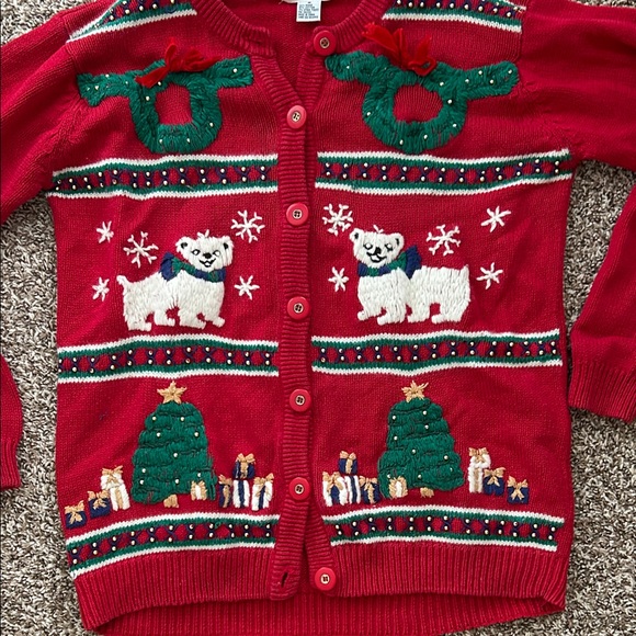 Vintage Red Holiday Christmas Tree Polar Bear Knit Cardigan Sweater Medium - Picture 6 of 11